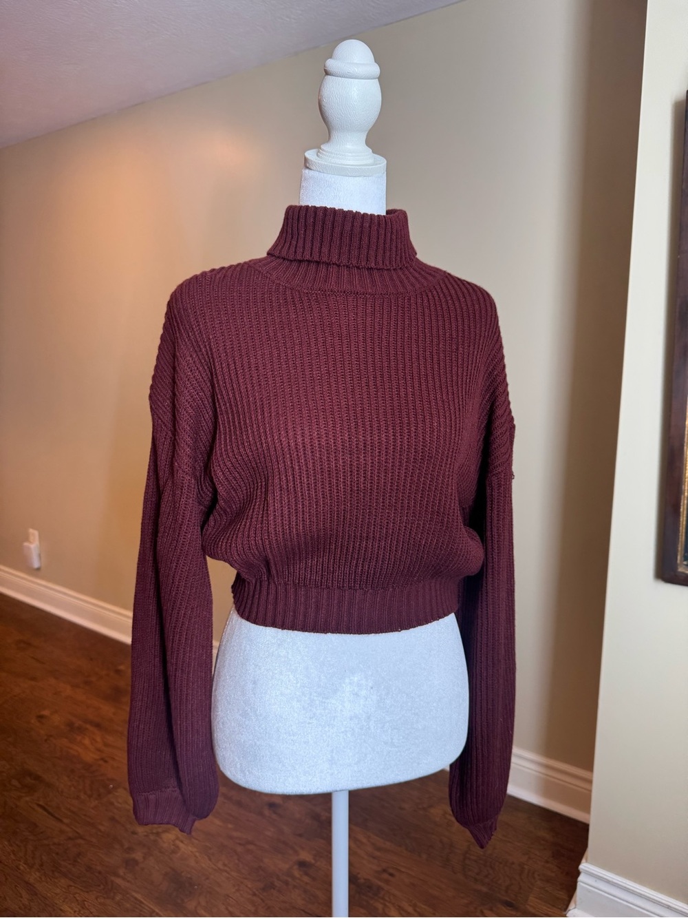 Cropped Ribbed Turtleneck Sweater in Burgundy